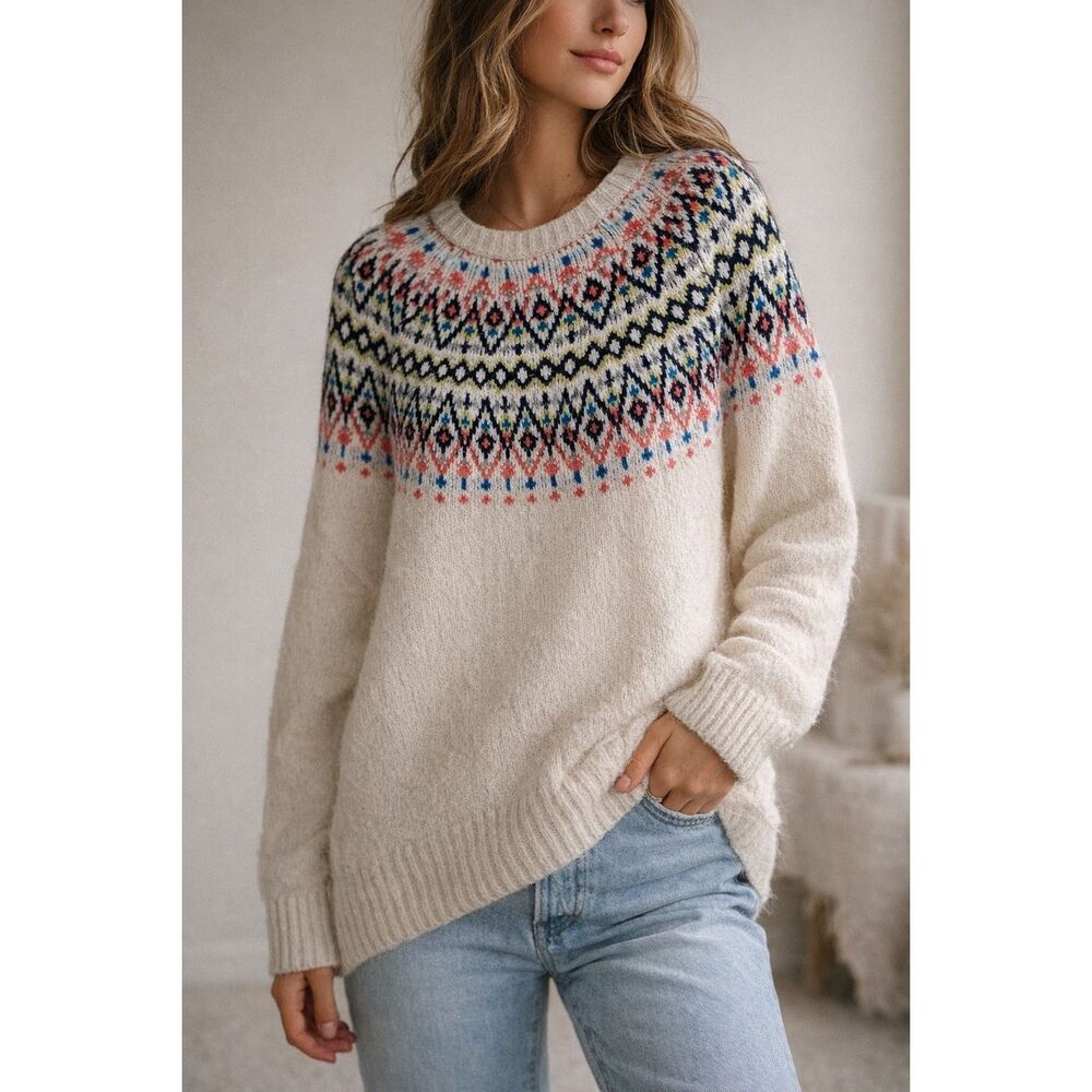 Aerie Fair Isle Sweater Women’s Large Cream Nordic Knit Cozy Winter Pullover